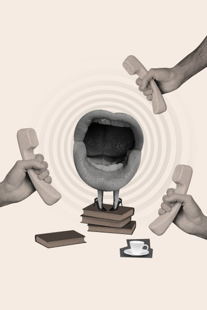 复合趋势艺术作品草图，3D照片拼贴，面无表情的巨大女性嘴巴站在女士腿上，八卦的人在打座机电话。图片下载