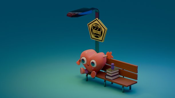 可爱的卡通心形在公交车站的长椅上坐着。图片下载