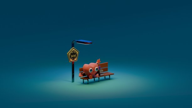 可爱的心形卡通在公交站牌旁边，灯下。图片下载