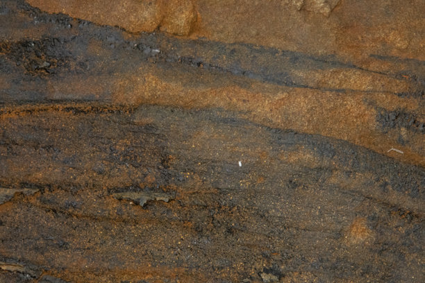 特写照片显示一块带有黑色条纹的锈色岩石。大石头纹理背景，留有空白空间。图片下载