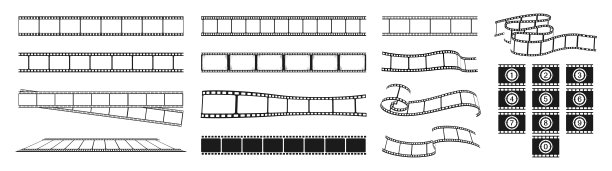 旧的磨损电影胶卷长条套装，复古胶卷卷框，矢量照片背景。胶卷图标。录像带照片胶卷框矢量。图片下载