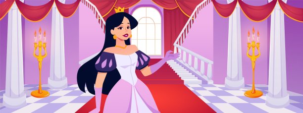 身穿金色王冠的公主演员在中世纪城堡中邀请，矢量皇家宫殿内部，柱子、蜡烛和红地毯。图片下载