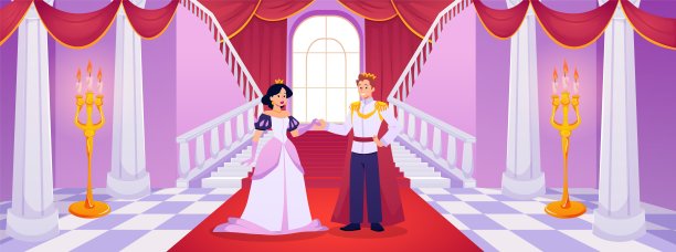宫殿内部的矢量图，包含一个大型舞厅、一位王子和一位公主，以及奢华的装饰图片下载