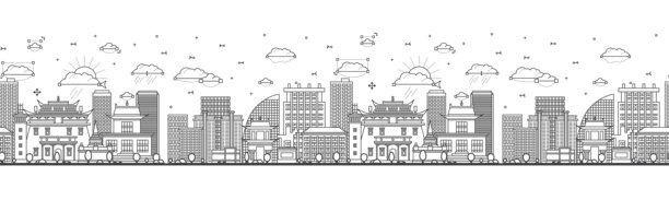 无缝图案，描绘乌兰巴托蒙古城市天际线，包含现代与历史建筑，背景为白色。乌兰巴托城市风景与地标。图片下载