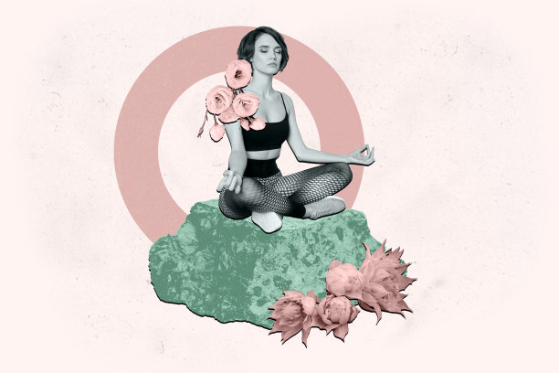 横向照片拼贴，平静的女士在春天的花朵中享受大自然，做着平衡的瑜伽姿势，手势为“哦姆”，背景富有创意，传达放松的氛围。图片下载