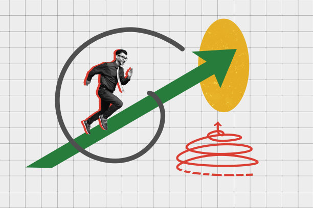 年轻员工奔向成功梦想的照片拼贴，成就目标，巨大的箭头向上指向顶端。图片下载