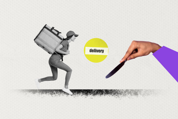 横向超现实照片拼贴，快乐的快递女孩背着背包奔向等待的顾客，手中拿着餐厅咖啡馆的刀具订单。图片下载