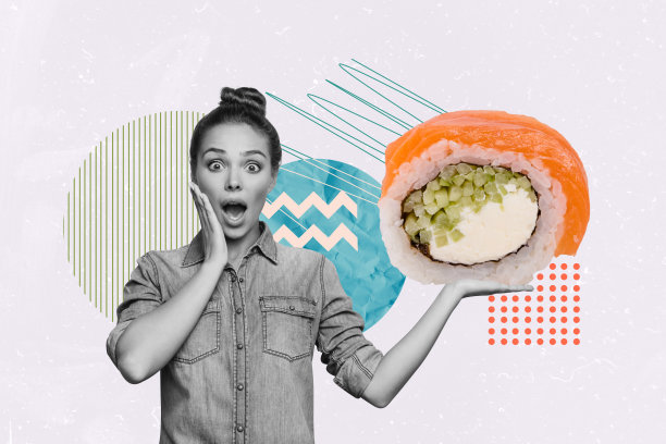 惊讶女士的照片拼贴，宣传大号寿司卷，费城新鲜三文鱼配米饭，背景为柔和的紫色。图片下载