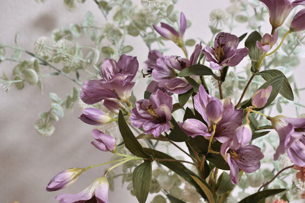 室内拍摄的花卉照片，展示了色彩缤纷的花束摆放在花瓶中。图片下载