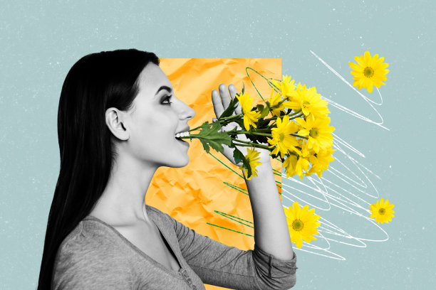创意照片拼贴，年轻女孩大声喊出积极的情绪，背景是盛开的黄色雏菊花束，夏季春季的绘画背景。图片下载