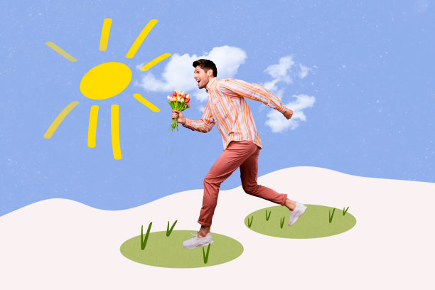 创意照片拼贴，年轻男子手持花束，庆祝三月春季节日，妇女节，阳光明媚，温暖的天气，准备礼物。图片下载