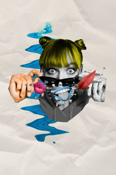 兴奋的时尚年轻女性近距离照片拼贴，佩戴太阳镜，带有朋克面具，背景为灰色。图片下载