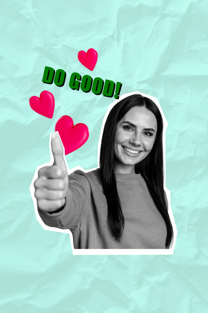 自信女士在青绿色背景下竖起大拇指，展示创意的3D照片艺术图形拼贴画。图片下载