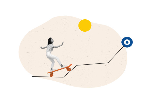 兴奋的女士骑着滑板，取得成功的极简风格照片拼贴艺术，背景为纯白色。图片下载