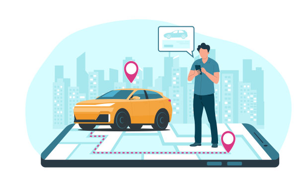 男子在城市背景下查看智能手机屏幕，搜索租车信息。汽车租赁服务的概念插图。矢量插图。图片下载