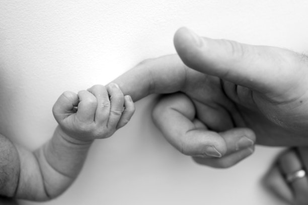 新生儿出生后紧紧握住父母的手指。特写小手与母亲和父亲的手掌。育儿、儿童护理和医疗保健概念。黑白照片。图片下载