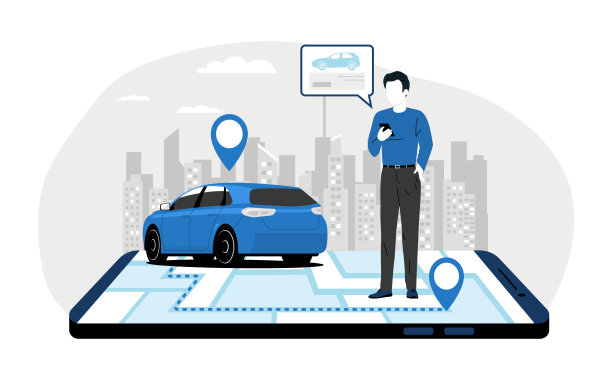 男子在城市背景下查看智能手机屏幕，搜索租车信息。汽车租赁服务的概念插图。矢量插图。图片下载