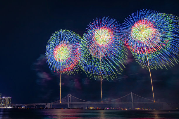 夜空中绚丽多彩的烟花。照片拍摄于韩国釜山。图片下载