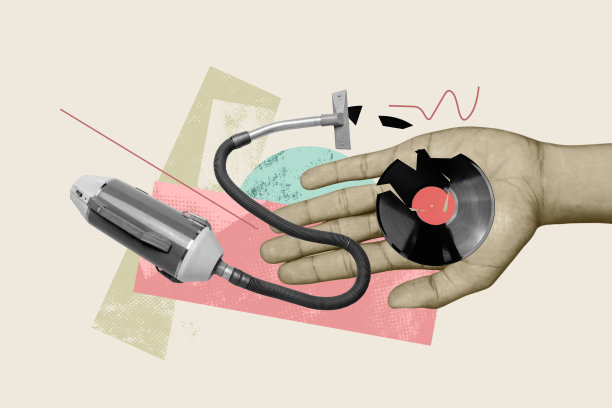 创意照片海报趋势艺术拼贴图，包含复古吸尘器、家务设备、破损的黑胶唱片、旋律俱乐部收音机。图片下载