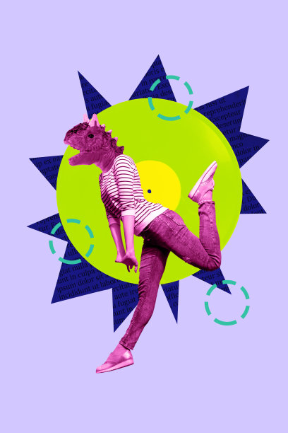 独特的垂直照片拼贴，展示了一位匿名女孩穿着恐龙头像的服装，搭配维尼尔唱片，音乐迪斯科俱乐部的音轨。图片下载