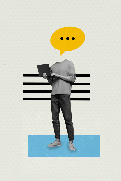 模板草图趋势艺术作品 3D 照片拼贴，年轻男士无头站立，手持笔记本电脑，应用云消息社交媒体联系对话图片下载