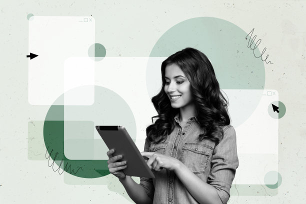 年轻女性项目经理在桌子上浏览设备，窗外应用程序界面背景的创意照片拼贴图片下载