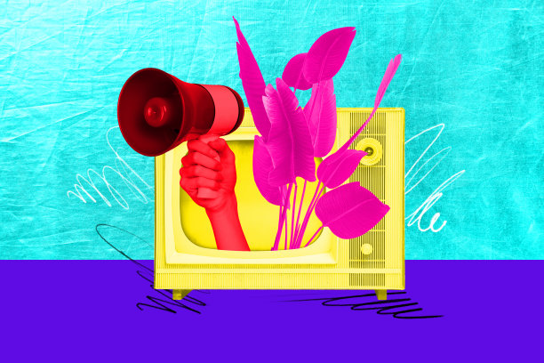 复古电视显示的3D照片拼贴趋势模板，手持扬声器，植物叶子，自然宣传图片下载
