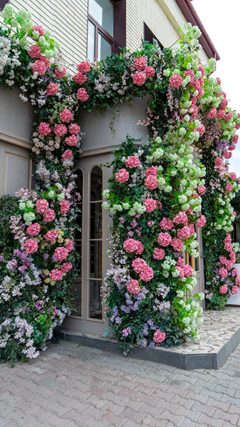 建筑入口装饰着人造绣球花和天竺葵的花环。入口区域的街道装饰。夏季婚礼装饰。竖版图片图片下载
