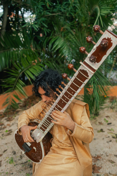 身穿传统服装的印度音乐家在户外家中演奏西塔琴，庆祝节日季节。快乐的排灯节问候照片。系列的一部分。图片下载