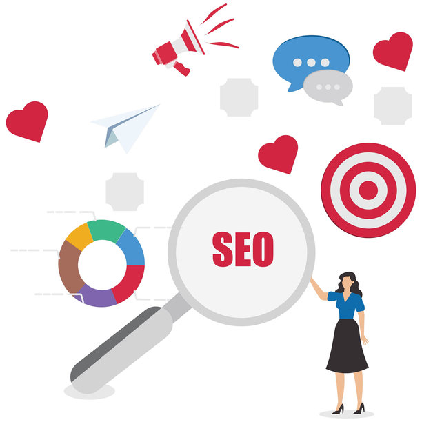 市场经理，在线广告策略，针对目标受众的品牌传播，社交媒体内容的推广活动，手持放大镜的男性与营销元素图片下载