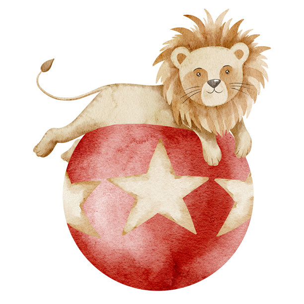 可爱的马戏团狮子在红色球上，周围有星星的水彩插图。适用于表演海报或儿童贺卡的狂欢动物艺术。适合婴儿洗礼派对邀请的插画。图片下载