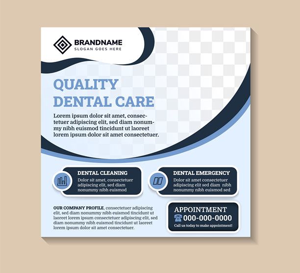 抽象设计的社交媒体动态帖子横幅模板，标题为“优质牙科护理”。方形布局，蓝色背景上留有照片拼贴的空间。图片下载