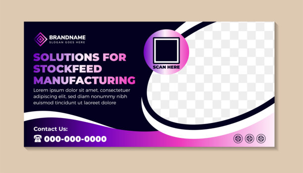 横向布局的抽象海报横幅设计模板集合，标题为“饲料制造解决方案”，蓝色背景上留有照片拼贴的空间。图片下载