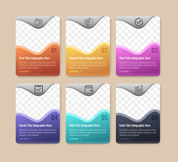 信息图设计的垂直布局，留有照片空间。可选择六种颜色组合。波浪元素与图标和文本作为示例。图片下载