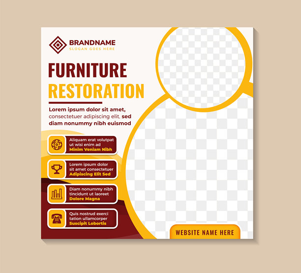 抽象设计社交媒体动态帖子横幅模板，标题为“家具修复”。方形布局，柔和红色背景上留有照片拼贴的空间。图片下载