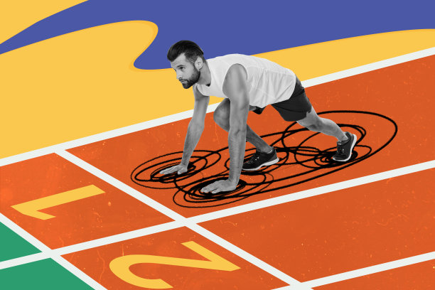 复合趋势艺术作品草图，3D照片拼贴，年轻男性在户外进行训练锻炼，跑步比赛路线。图片下载