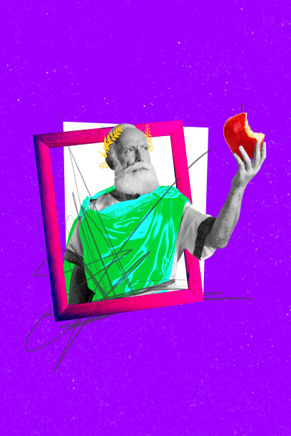 独特的纵向照片拼贴，严肃的老凯撒握着被咬过的苹果，果汁排毒营养，窥视画框。图片下载