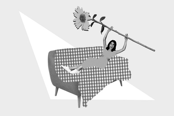 创意3D照片艺术拼贴画，描绘一位有趣的时尚女士躺在沙发上放松，手持一朵大花，背景为素描风格。图片下载