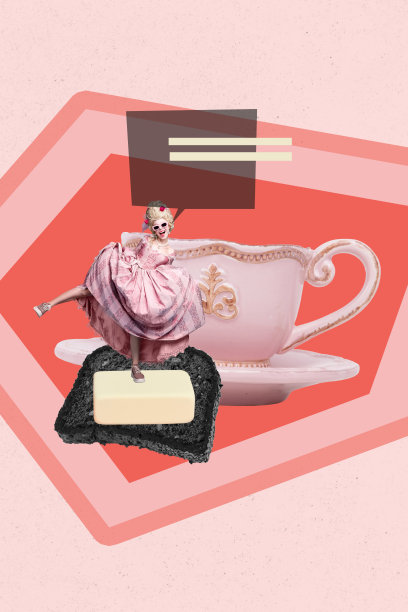 时尚艺术创意草图，3D照片拼贴，展现法庭优雅、羽毛配饰、粉色假发的年轻女士，舞蹈时手持饮品和黄油面包。图片下载