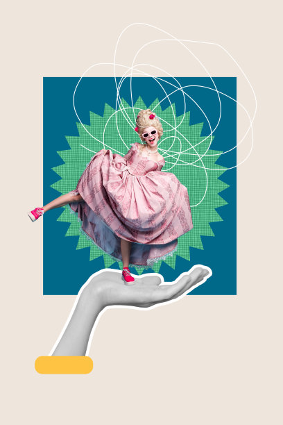 快乐的公爵女孩在洛可可派对上跳舞，手中拿着人手，穿着太阳镜和裙子的竖版海报照片拼贴。图片下载