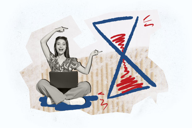 复合趋势艺术作品草图，3D照片拼贴，年轻女士坐在工作台前，手指指向方向，沙漏象征时间和截止日期。图片下载