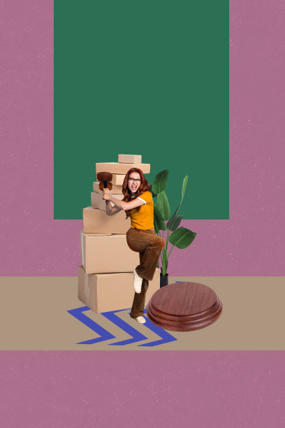 愤怒的法官女孩手持法槌的卡通素描3D创意照片拼贴，法庭植物盆栽箱子管辖权图片下载