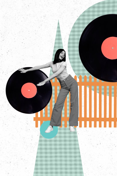 年轻女士在夜店休闲娱乐时跳舞、听音乐的3D照片拼贴趋势草图模板艺术作品图片下载