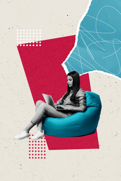 复合趋势艺术作品草图，3D照片拼贴，年轻女士坐在豆袋椅上，工作笔记本电脑，想象、梦想、思考，远程办公室图片下载