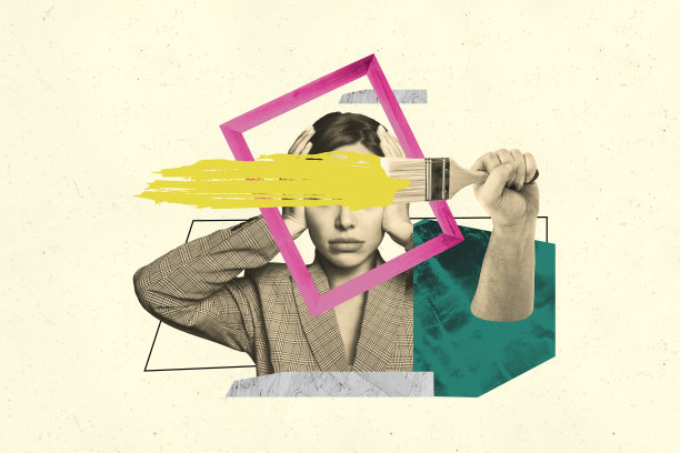 当代图像海报趋势艺术拼贴，手握画笔的女孩，框架图片，公寓装修过程装饰图片下载