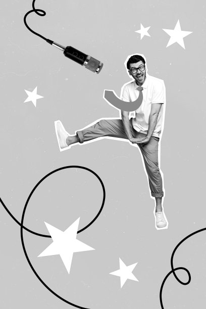 独特的杂志图片素描拼贴，展示一个有趣的搞笑人物在背景画中跳舞、唱歌、享受乐趣。图片下载