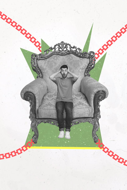 震惊的男人被困在椅子上，金属链条束缚，囚禁人质，孤立在涂鸦背景上的竖版照片拼贴。图片下载