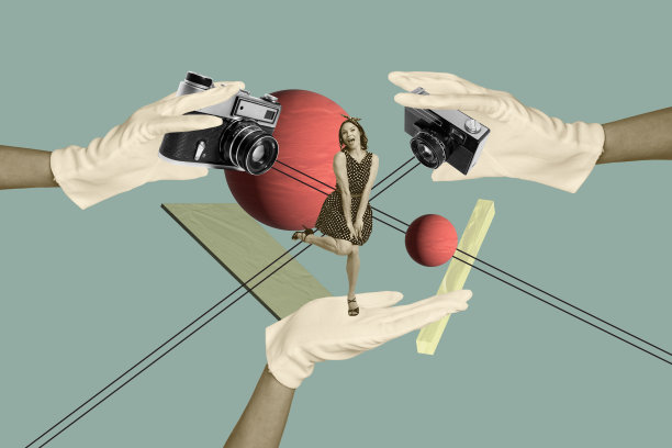 创意照片海报趋势艺术拼贴，快乐的魅力女孩名人摆姿势，手戴手套，摄影师拍摄，狗仔队捕捉瞬间。图片下载