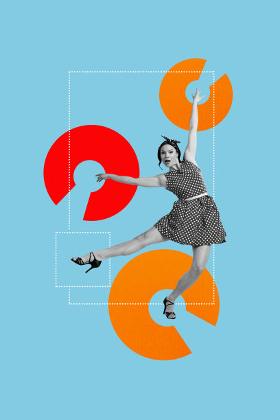 时尚艺术创意竖版照片拼贴，快乐女孩穿着复古裙子和头带，在周末派对活动中跳舞，色彩缤纷的舞厅。图片下载