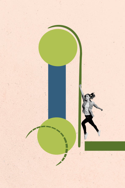 年轻女性攀爬、握住线条、立方体、球体的3D照片拼贴设计艺术作品，展示了空缺的企业家办公室人力资源工作人员。图片下载